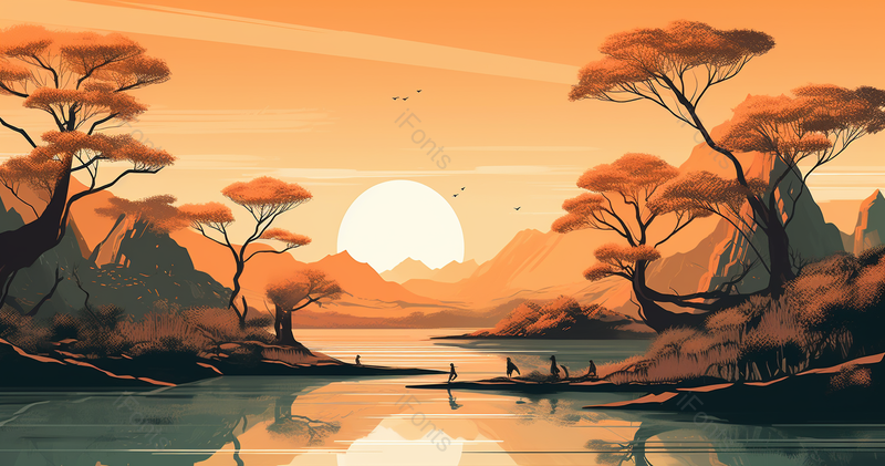 夕阳下的山川树木河流自然美景,插画/手绘图,插画/手绘图库,插画/手绘图下载,插画/手绘
